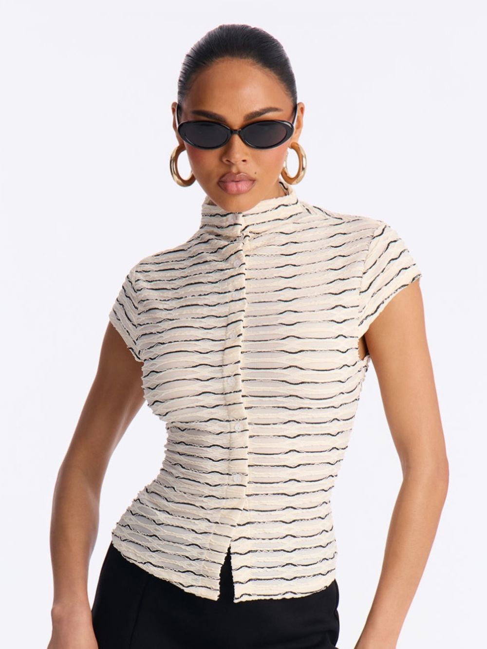 Nica Ivory Textured Mock Neck Button-Front Top with Black Stripes